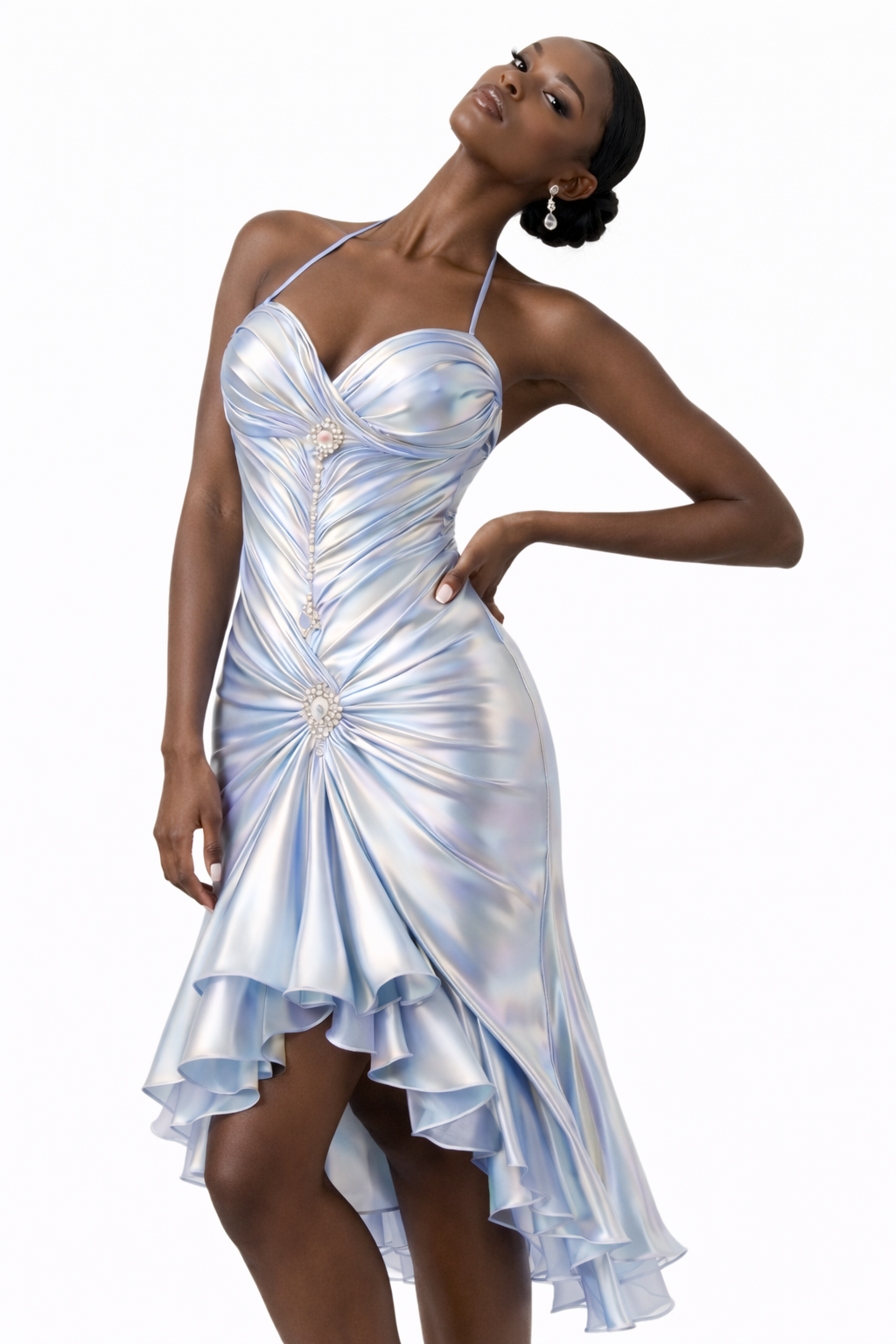 Iridescent Chrome Draped Halter Midi Dress - Icy Blue