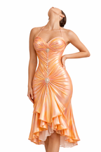 Iridescent Chrome Draped Halter  Midi Dress - Solar Kiss