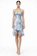 Iridescent Chrome Draped Halter Midi Dress - Icy Blue